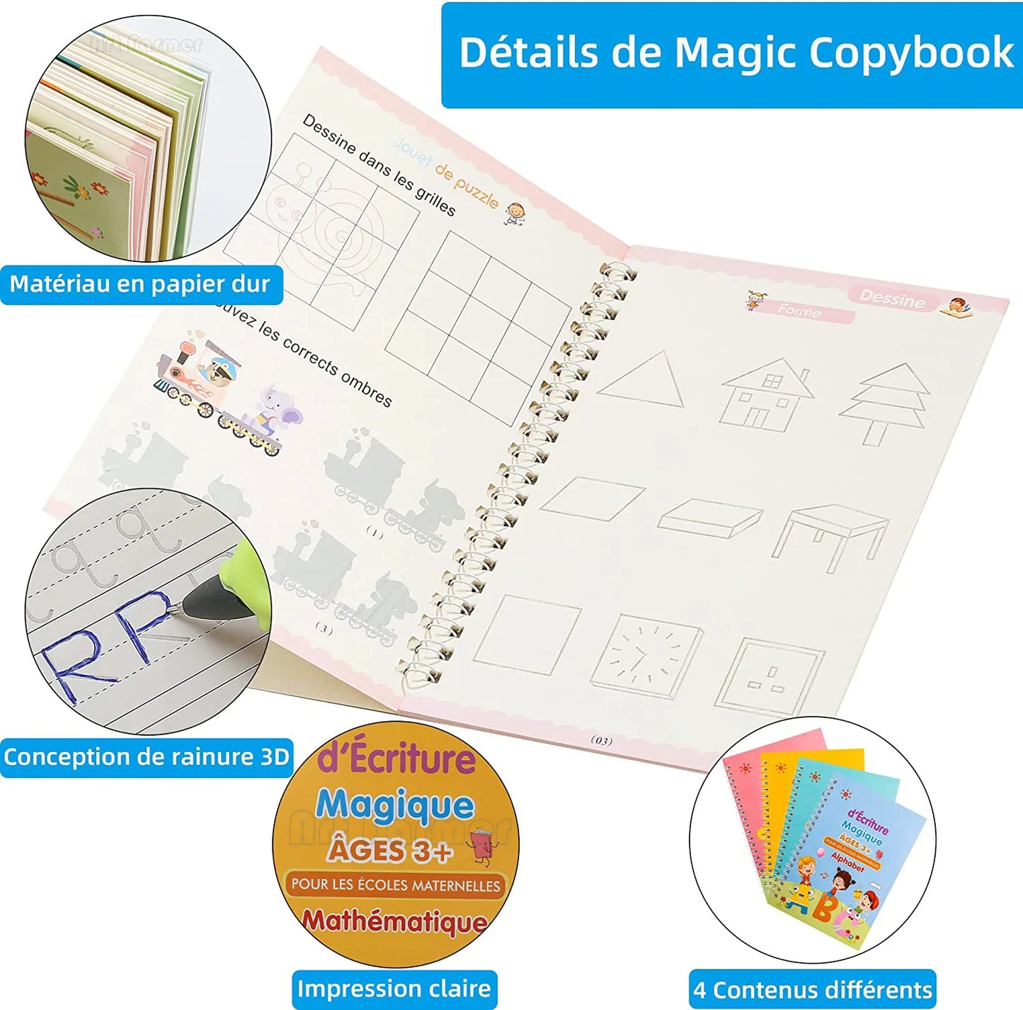 Lot de 4 Cahiers Magiques Réutilisables – Apprentissage des Lettres et Chiffres
