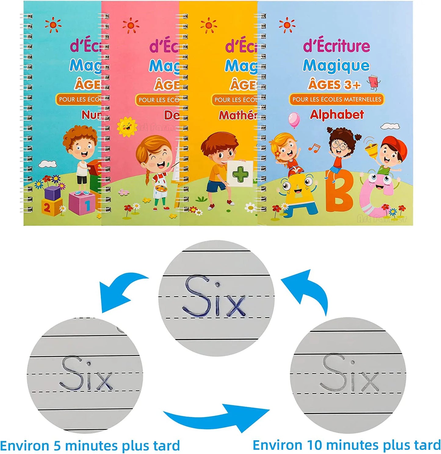 Lot de 4 Cahiers Magiques Réutilisables – Apprentissage des Lettres et Chiffres