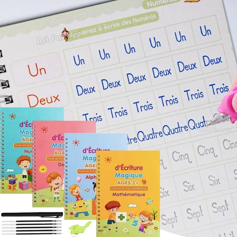 Lot de 4 Cahiers Magiques Réutilisables – Apprentissage des Lettres et Chiffres