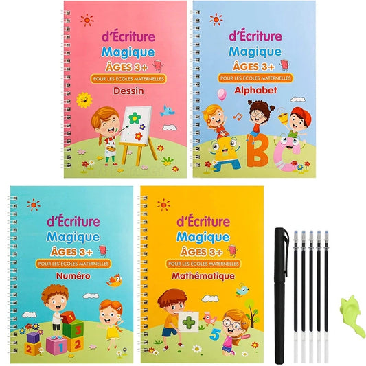 Lot de 4 Cahiers Magiques Réutilisables – Apprentissage des Lettres et Chiffres